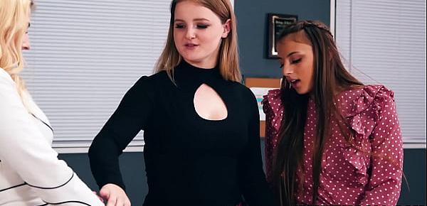  Gia Derza getting caught by her stepmom Christie Stevens having a sexual affair with officemate Eliza Eves so they grabbed Christie and  let her join